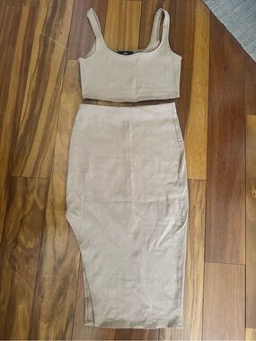 LULUS - Beige Ribbed Set - Crop Top & Skirt
